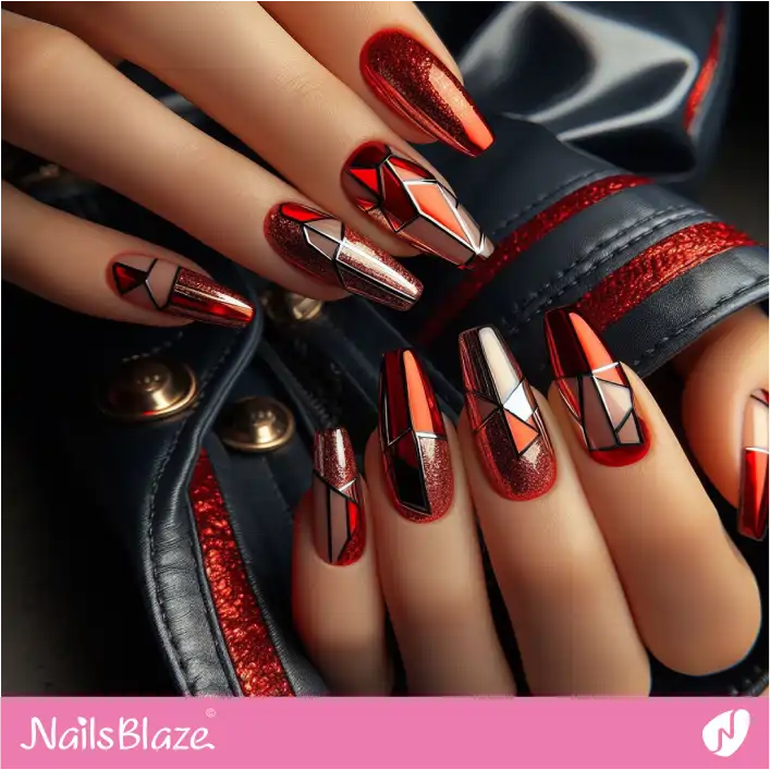 Geometric Nails with Red Foil Design | Foil Nails - NB4124